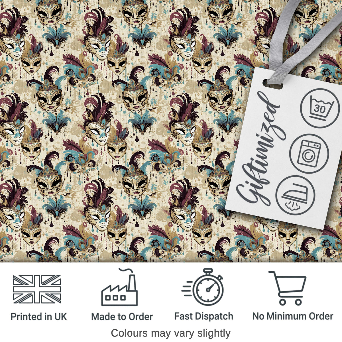 Gold and Black Stylised Venetian Masks in Repeating Pattern Seamless Digital Print Fabric by the Metre UK Sewing Quilting Textile