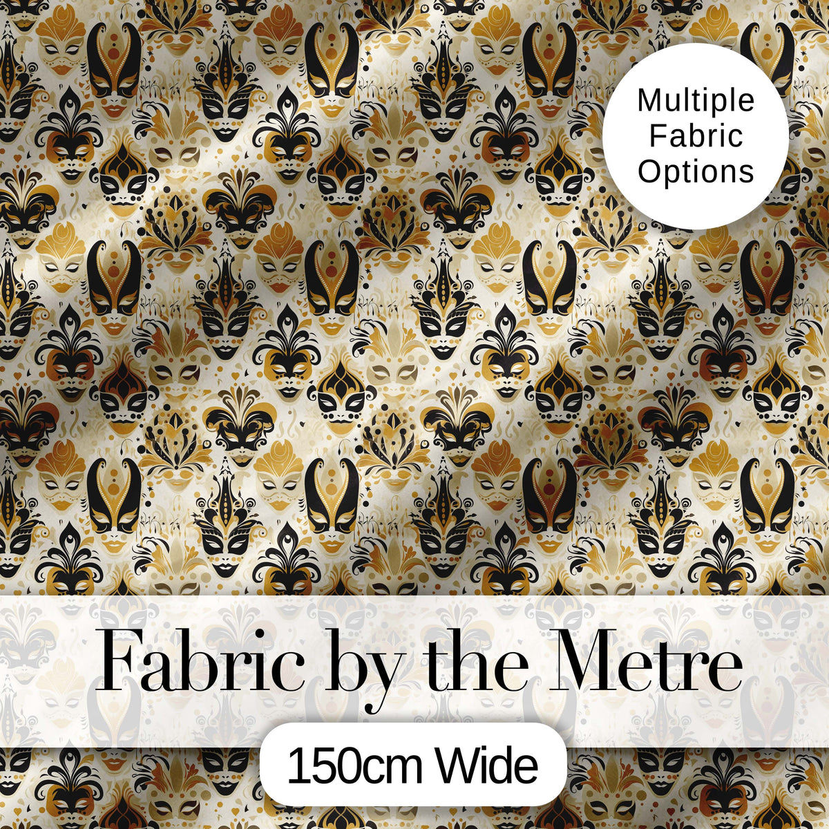 Classic Black and Gold Mask Pattern with Swirling Details Seamless Digital Print Fabric by the Metre UK Sewing Quilting Textile