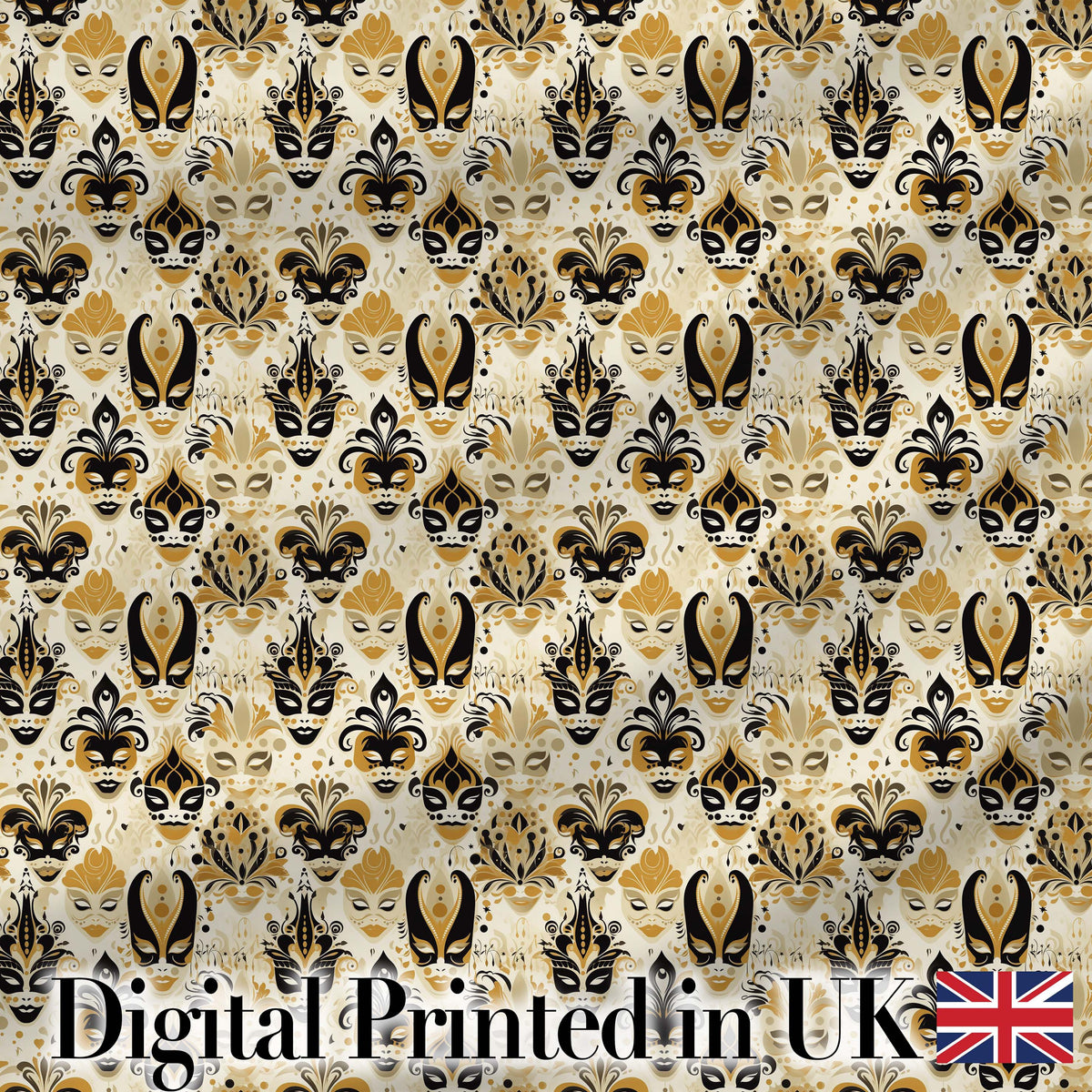 Classic Black and Gold Mask Pattern with Swirling Details Seamless Digital Print Fabric by the Metre UK Sewing Quilting Textile