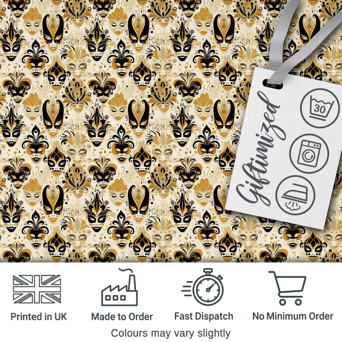 Classic Black and Gold Mask Pattern with Swirling Details Seamless Digital Print Fabric by the Metre UK Sewing Quilting Textile