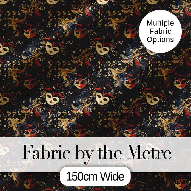 Colourful Carnival Masks with Feathers and Floral Accents Seamless Pattern Digital Print Fabric by the Metre UK Sewing Quilting Textile