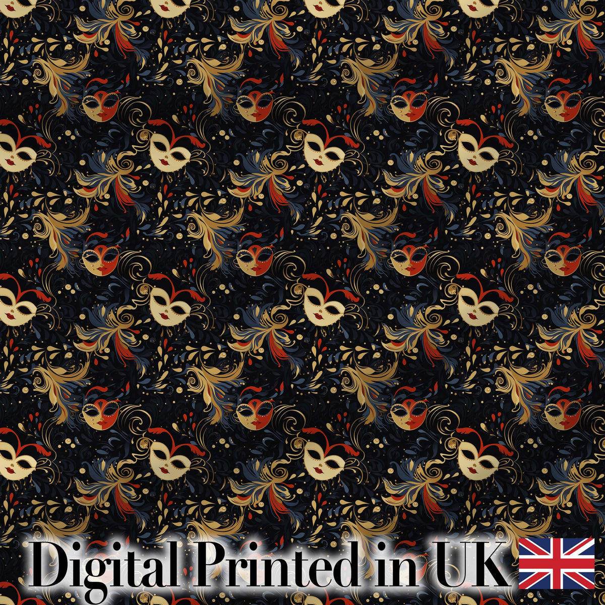 Colourful Carnival Masks with Feathers and Floral Accents Seamless Pattern Digital Print Fabric by the Metre UK Sewing Quilting Textile