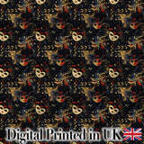 Colourful Carnival Masks with Feathers and Floral Accents Seamless Pattern Digital Print Fabric by the Metre UK Sewing Quilting Textile