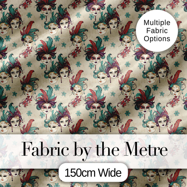 Golden Venetian Masks with Decorative Elements on Cream Seamless Pattern Digital Print Fabric by the Metre UK Sewing Quilting Textile