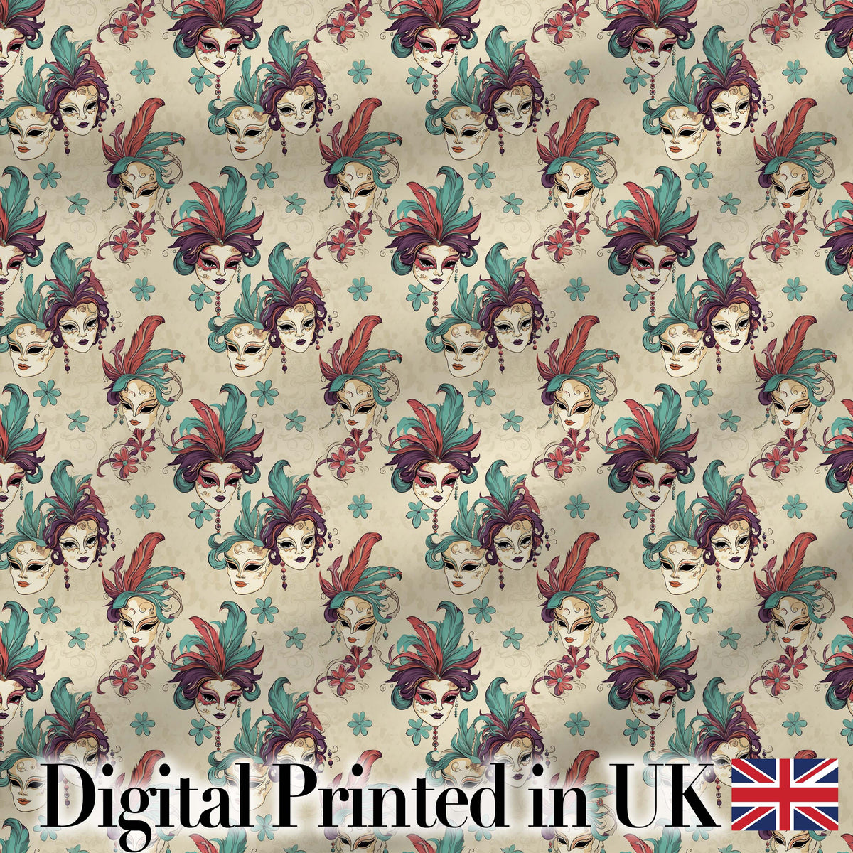 Golden Venetian Masks with Decorative Elements on Cream Seamless Pattern Digital Print Fabric by the Metre UK Sewing Quilting Textile