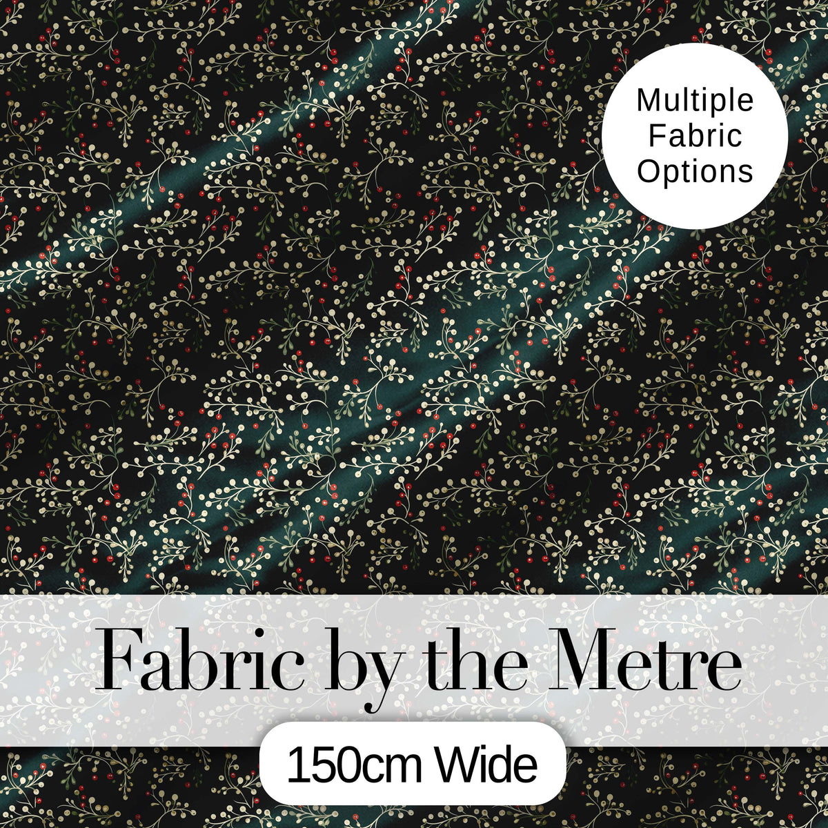 Festive Holly Berry Branches on Deep Green Background Seamless Pattern Digital Print Fabric by the Metre UK Sewing Quilting Textile