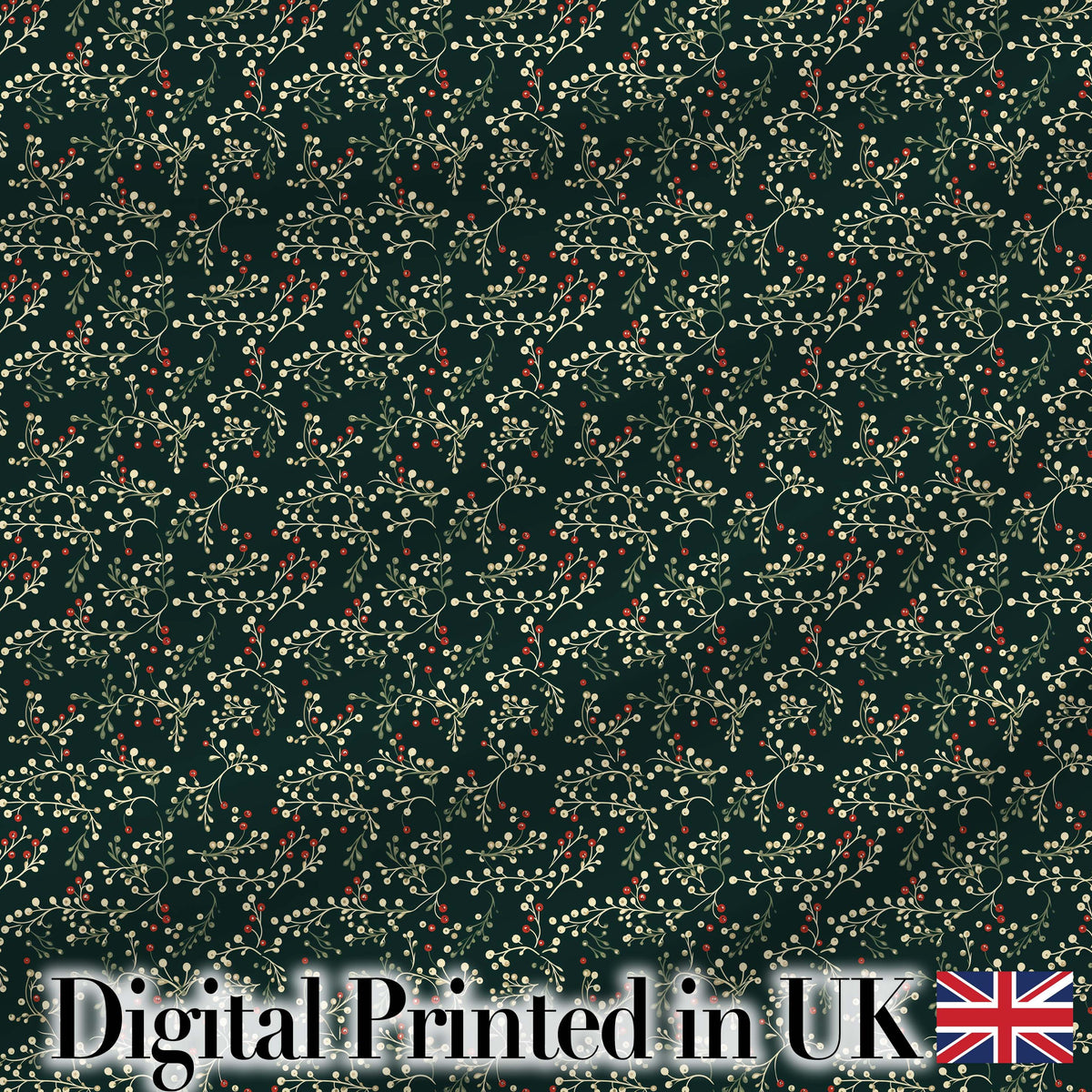 Festive Holly Berry Branches on Deep Green Background Seamless Pattern Digital Print Fabric by the Metre UK Sewing Quilting Textile