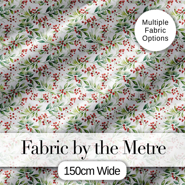 Soft Watercolor Foliage and Red Berry Sprigs Seamless Pattern Digital Print Fabric by the Metre UK Sewing Quilting Textile
