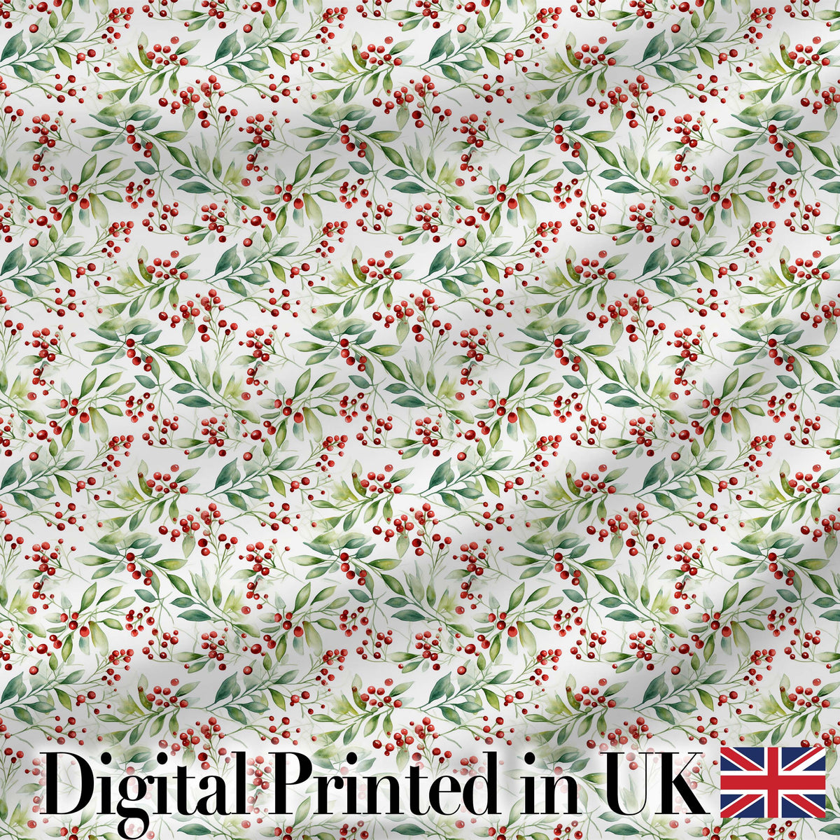 Soft Watercolor Foliage and Red Berry Sprigs Seamless Pattern Digital Print Fabric by the Metre UK Sewing Quilting Textile