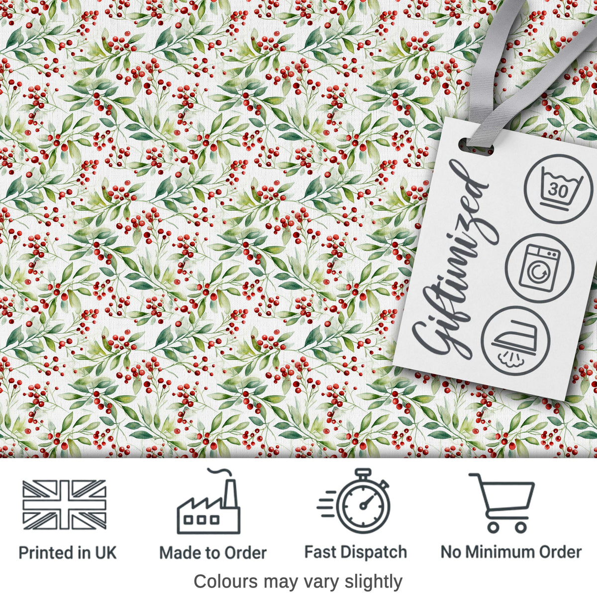 Soft Watercolor Foliage and Red Berry Sprigs Seamless Pattern Digital Print Fabric by the Metre UK Sewing Quilting Textile