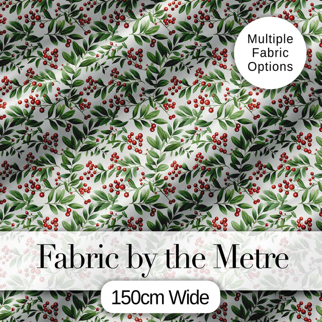 Delicate Green Leaves and Red Berries Minimal Botanical Seamless Pattern Digital Print Fabric by the Metre UK Sewing Quilting Textile