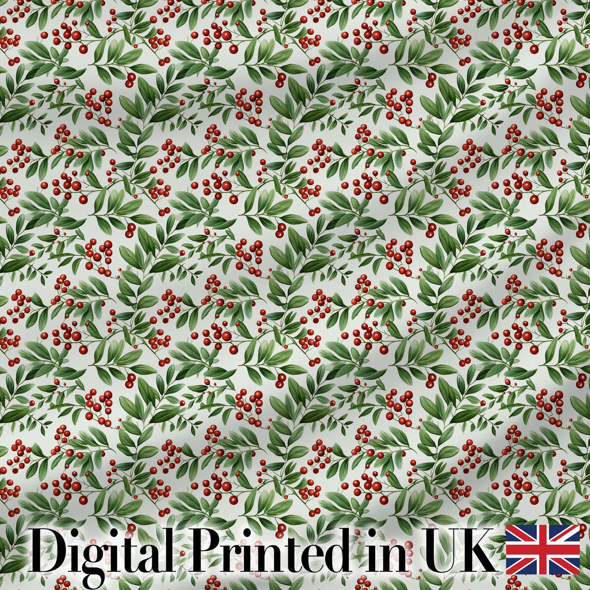 Delicate Green Leaves and Red Berries Minimal Botanical Seamless Pattern Digital Print Fabric by the Metre UK Sewing Quilting Textile