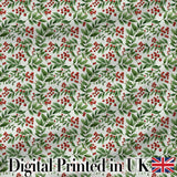 Delicate Green Leaves and Red Berries Minimal Botanical Seamless Pattern Digital Print Fabric by the Metre UK Sewing Quilting Textile
