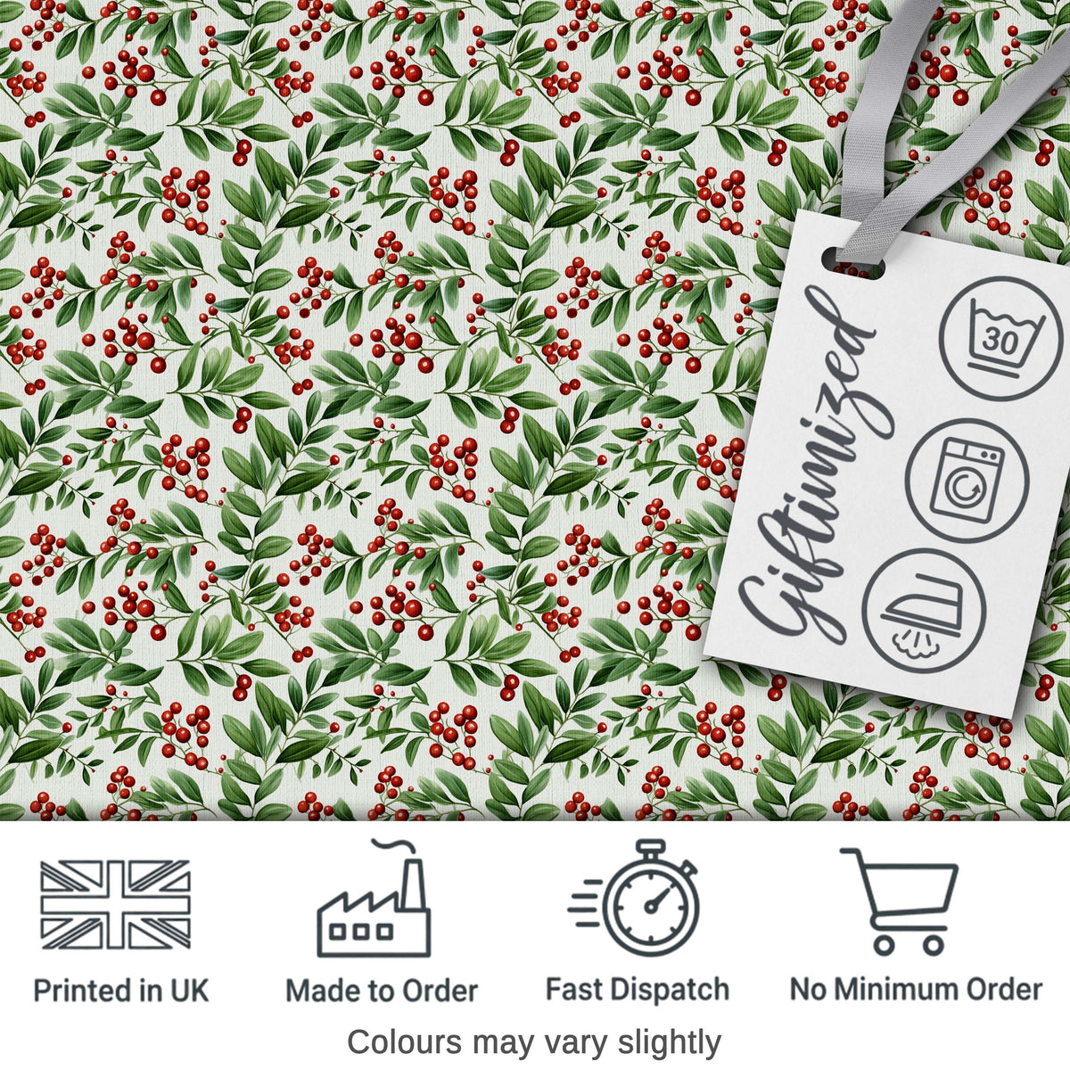 Delicate Green Leaves and Red Berries Minimal Botanical Seamless Pattern Digital Print Fabric by the Metre UK Sewing Quilting Textile