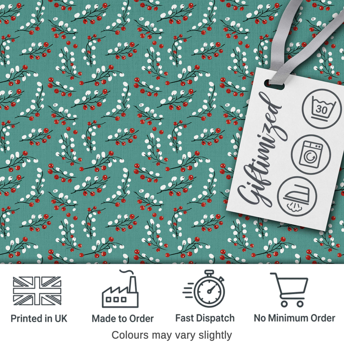 Soft Blue Green Foliage with Red Berries Watercolor Seamless Pattern Digital Print Fabric by the Metre UK Sewing Quilting Textile