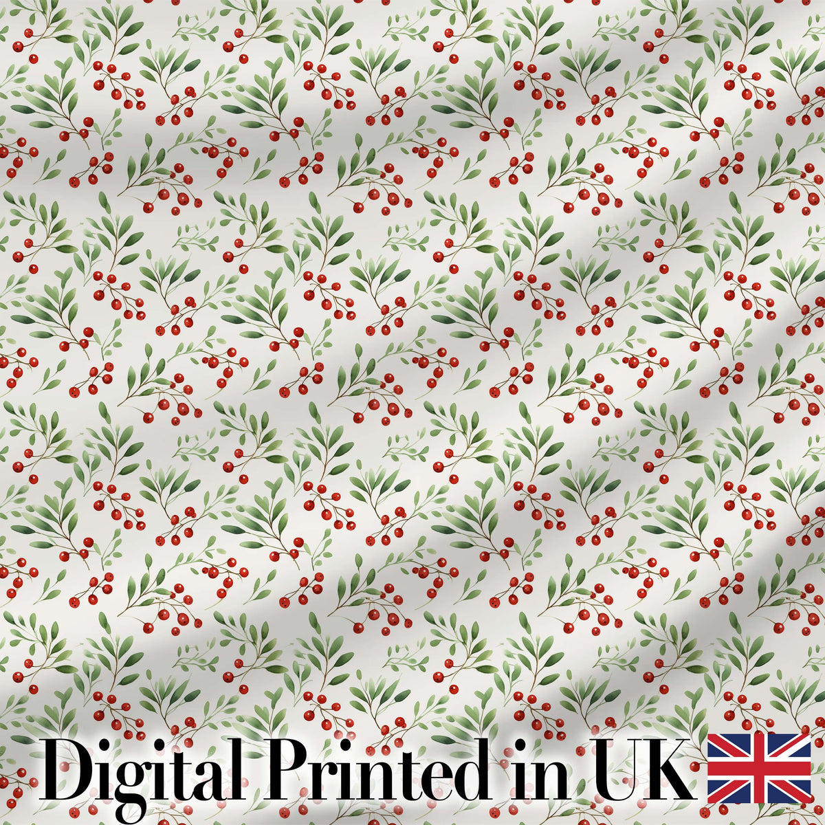 Minimalist Teal Berry Sprigs and White Leaves Seamless Pattern Digital Print Fabric by the Metre UK Sewing Quilting Textile