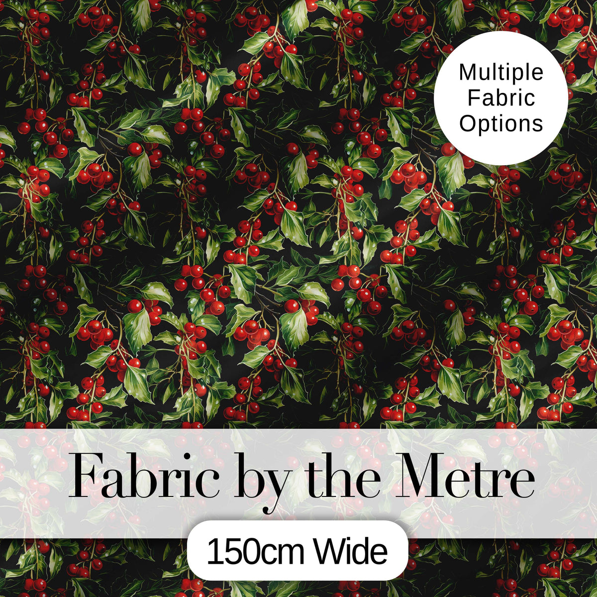 Rich Dark Holly Leaves and Red Berries Christmas Seamless Pattern Digital Print Fabric by the Metre UK Sewing Quilting Textile
