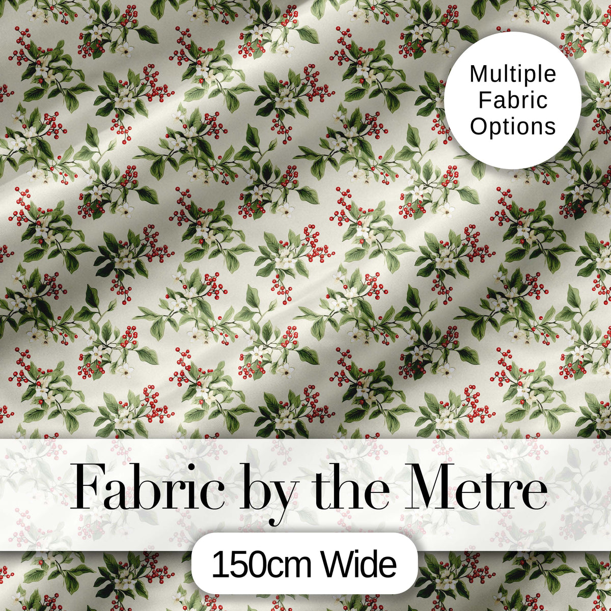 Botanical Beige Background Red Berry and Green Leaf Pattern Digital Print Fabric by the Metre UK Sewing Quilting Textile