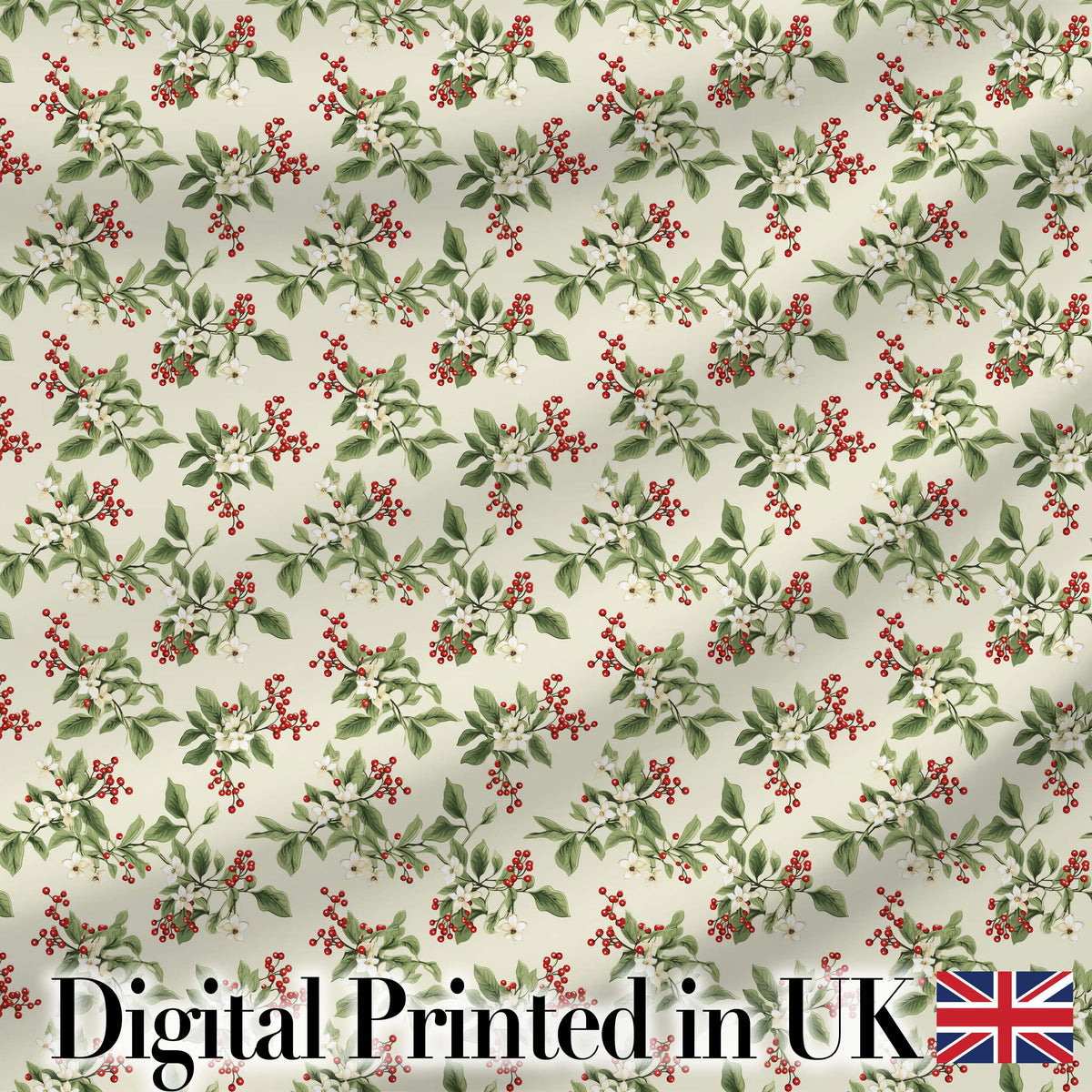 Botanical Beige Background Red Berry and Green Leaf Pattern Digital Print Fabric by the Metre UK Sewing Quilting Textile