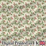 Botanical Beige Background Red Berry and Green Leaf Pattern Digital Print Fabric by the Metre UK Sewing Quilting Textile