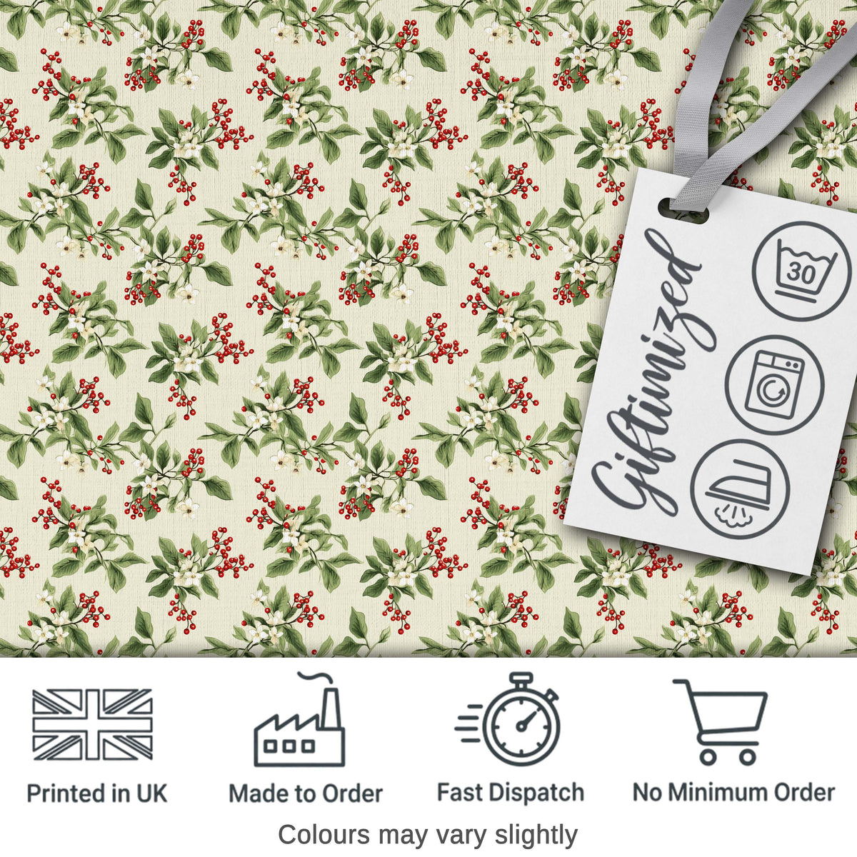 Botanical Beige Background Red Berry and Green Leaf Pattern Digital Print Fabric by the Metre UK Sewing Quilting Textile