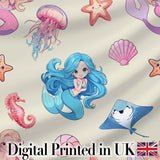 Cute Cartoon Mermaid and Sea Creatures Seamless Pattern Digital Print Fabric by the Metre UK Sewing Quilting Textile