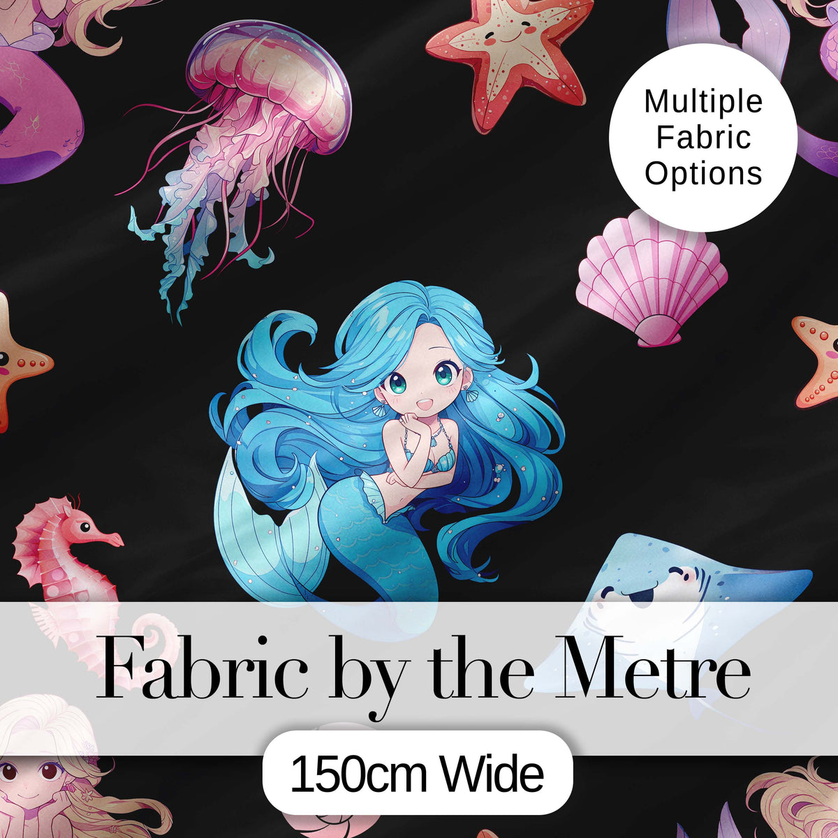 Cute Mermaid with Sea Creatures on Black Background Seamless Pattern Digital Print Fabric by the Metre UK Sewing Quilting Textile