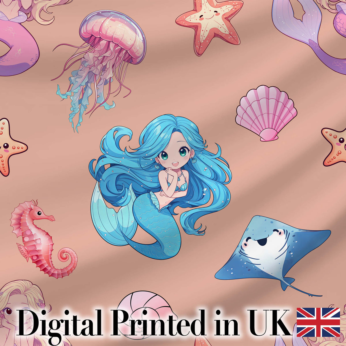 Cute Kawaii Mermaid Ocean Friends Jellyfish Starfish  Peach Background Digital Print Fabric by the Metre UK Sewing Quilting Textile