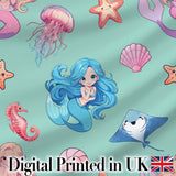 Mermaid Ocean Friends Jellyfish Starfish  Mint Green Background Digital Print Fabric by the Metre UK Sewing Quilting Textile