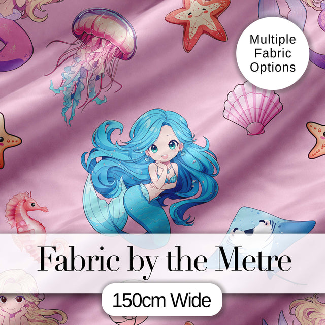 Mermaid Ocean Friends Jellyfish Starfish   Rose Pink Background Digital Print Fabric by the Metre UK Sewing Quilting Textile
