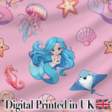 Mermaid Ocean Friends Jellyfish Starfish   Rose Pink Background Digital Print Fabric by the Metre UK Sewing Quilting Textile