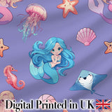 Mermaid Ocean Friends Jellyfish Starfish   Purple Background Digital Print Fabric by the Metre UK Sewing Quilting Textile