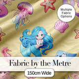 Mermaid Ocean Friends Jellyfish Starfish  Mustard Yellow Background Digital Print Fabric by the Metre UK Sewing Quilting Textile