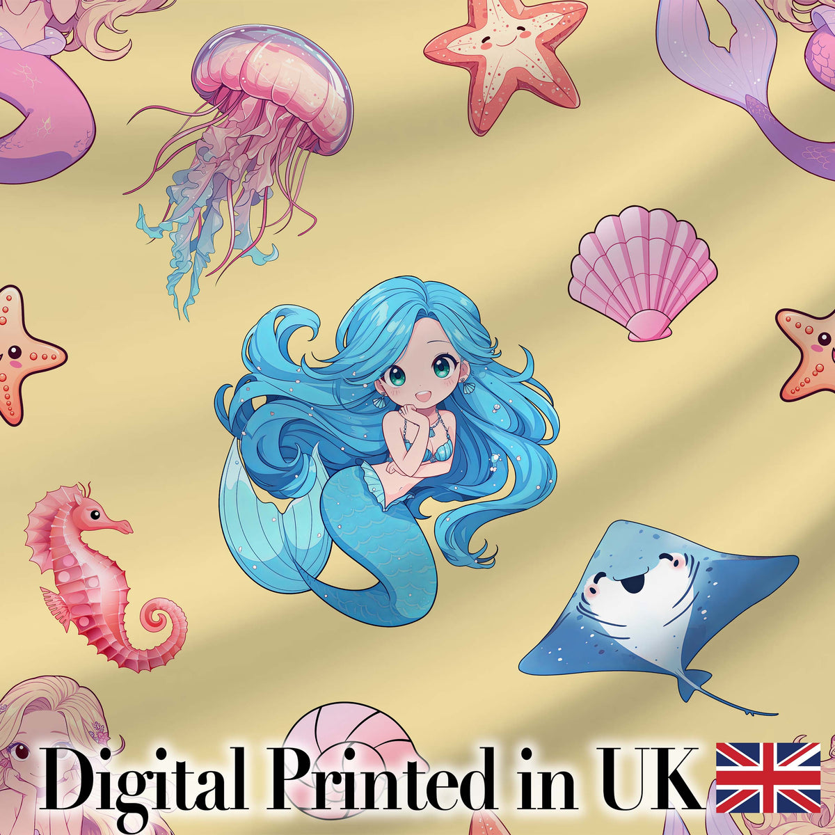 Mermaid Ocean Friends Jellyfish Starfish  Mustard Yellow Background Digital Print Fabric by the Metre UK Sewing Quilting Textile