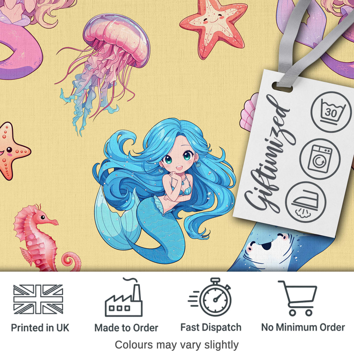 Mermaid Ocean Friends Jellyfish Starfish  Mustard Yellow Background Digital Print Fabric by the Metre UK Sewing Quilting Textile