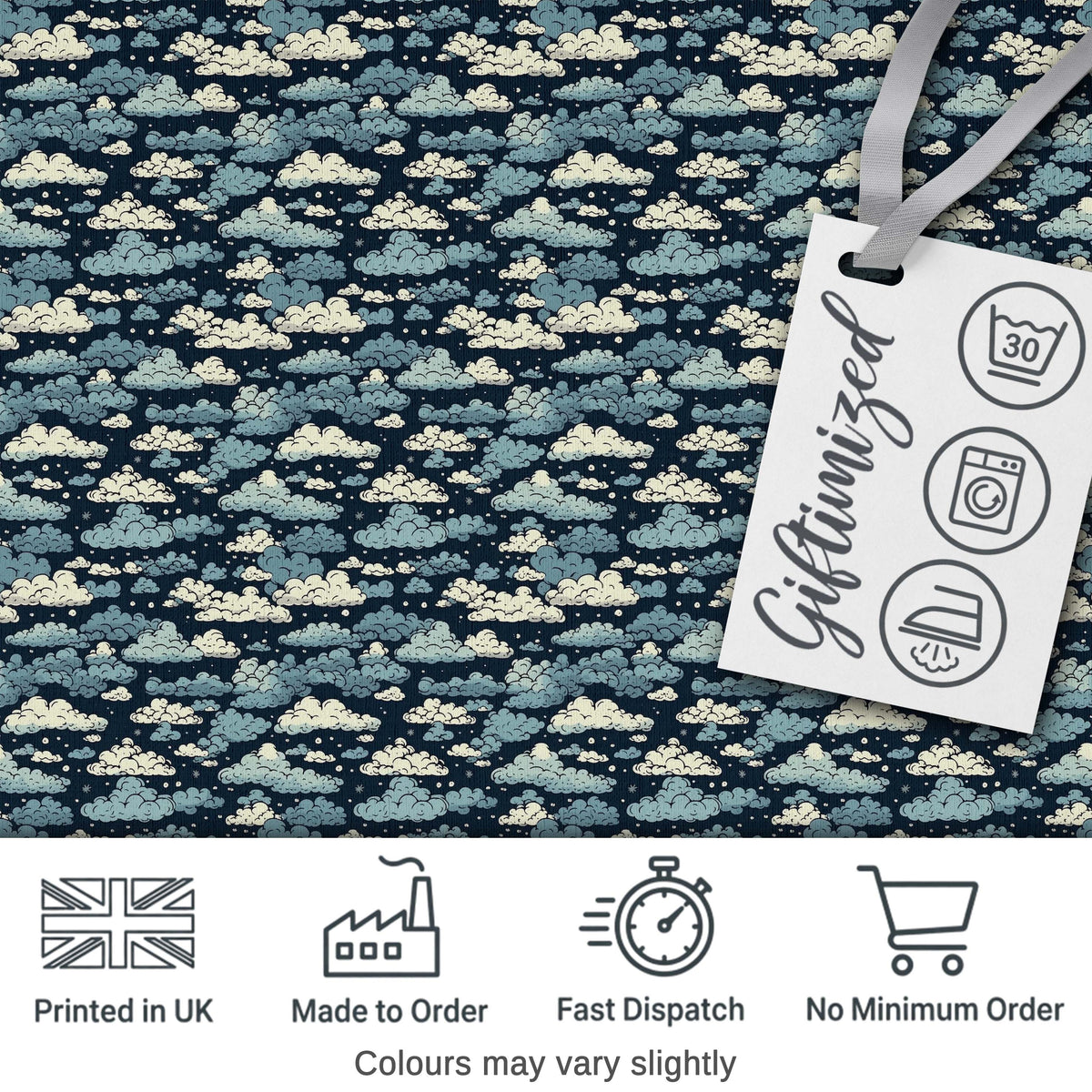 Vintage Style Cloud Pattern Night Sky Blue and Cream Seamless Design Digital Print Fabric by the Metre UK Sewing Quilting Textile