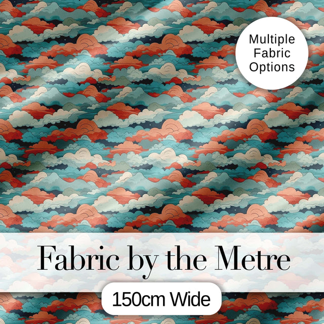 Retro Multicolour Cloud Pattern Teal Coral and Cream Seamless Design Digital Print Fabric by the Metre UK Sewing Quilting Textile