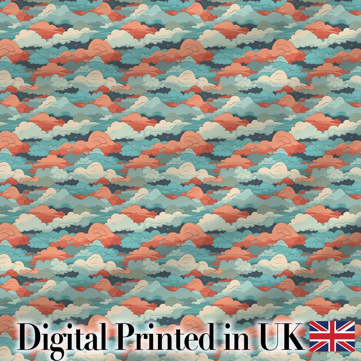 Retro Multicolour Cloud Pattern Teal Coral and Cream Seamless Design Digital Print Fabric by the Metre UK Sewing Quilting Textile
