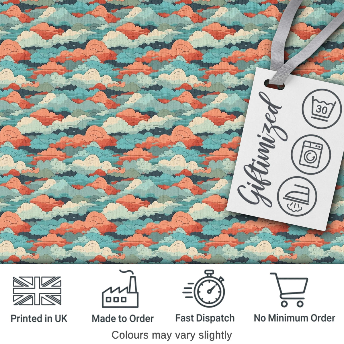 Retro Multicolour Cloud Pattern Teal Coral and Cream Seamless Design Digital Print Fabric by the Metre UK Sewing Quilting Textile