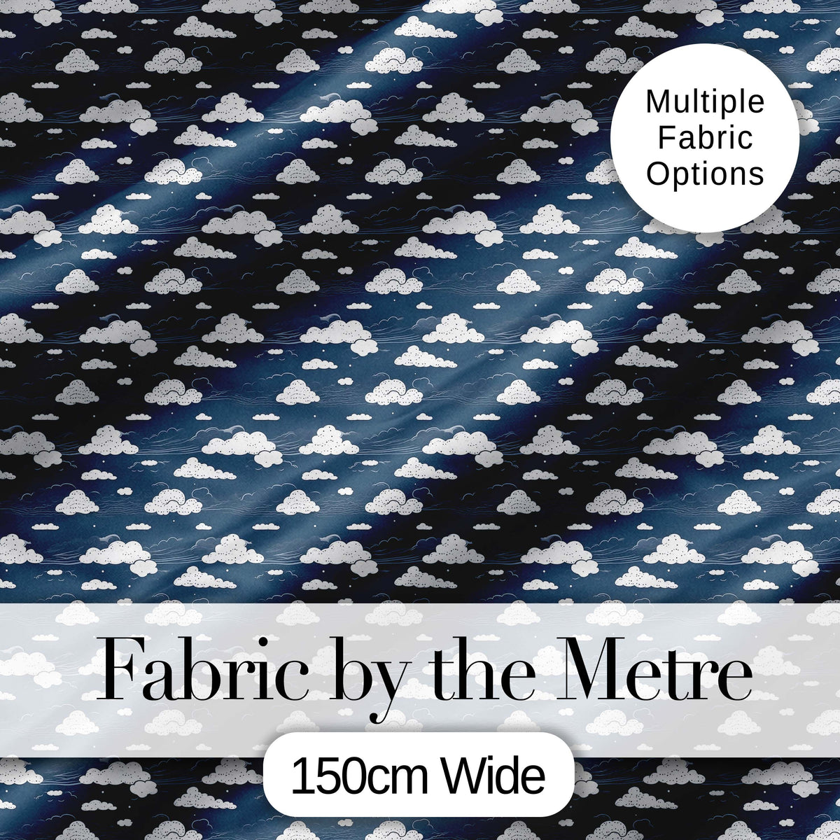 Artistic Sketch Cloud Pattern Navy Background Hand Drawn Style Seamless Design Digital Print Fabric by the Metre UK Sewing Quilting Textile