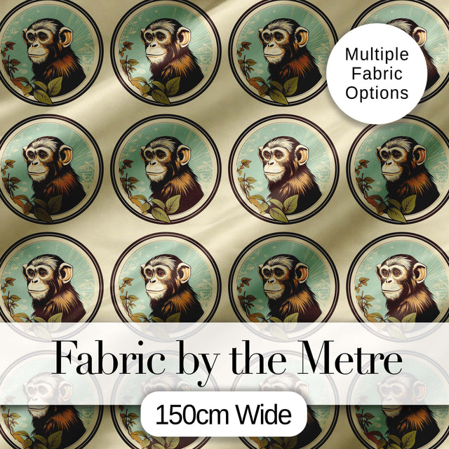 Vintage Monkey Portrait Circular FrameNeutral Background  Design Digital Print Fabric by the Metre UK Sewing Quilting Textile