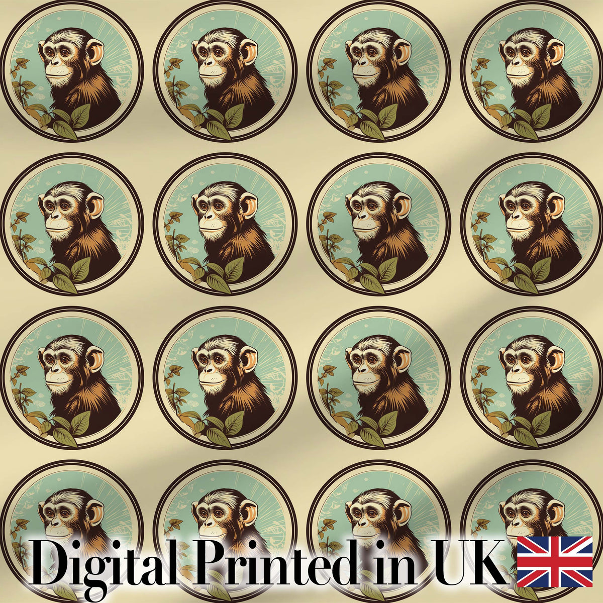 Vintage Monkey Portrait Circular FrameNeutral Background  Design Digital Print Fabric by the Metre UK Sewing Quilting Textile