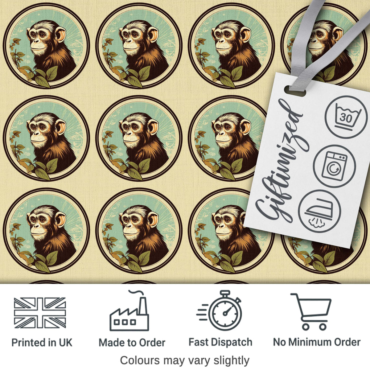 Vintage Monkey Portrait Circular FrameNeutral Background  Design Digital Print Fabric by the Metre UK Sewing Quilting Textile