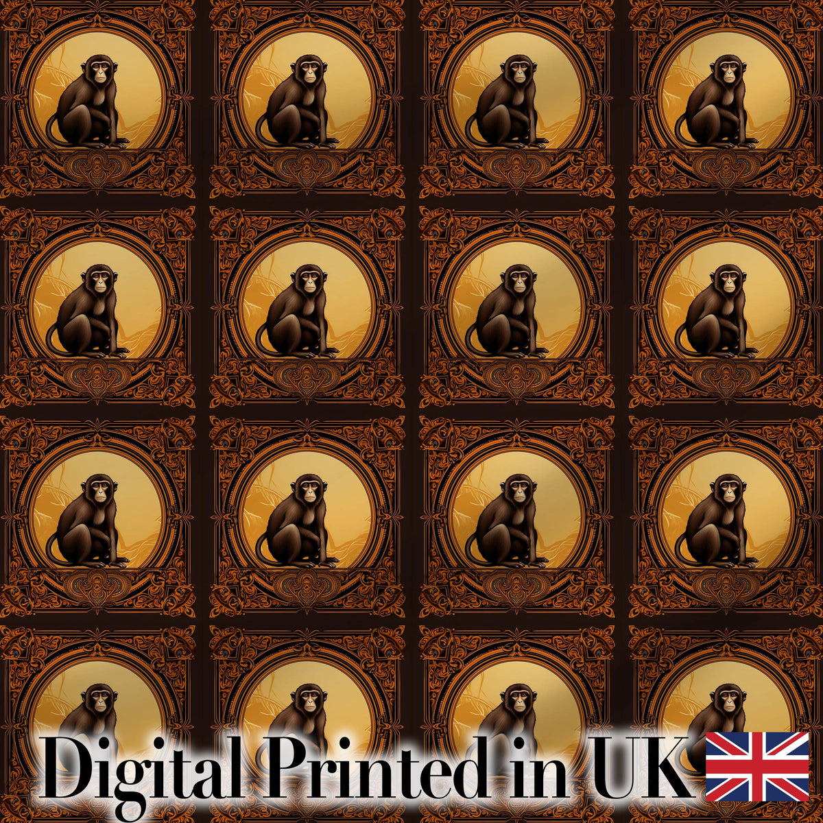 Vintage Ornate Monkey Portrait Repeat Pattern in Warm Brown and Gold Frames Digital Print Fabric by the Metre UK Sewing Quilting Textile
