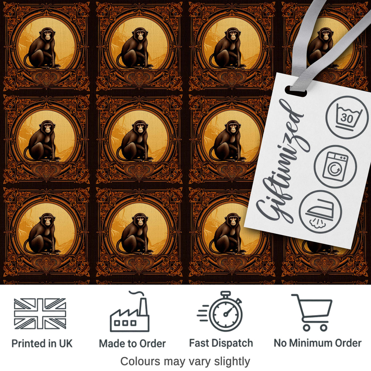 Vintage Ornate Monkey Portrait Repeat Pattern in Warm Brown and Gold Frames Digital Print Fabric by the Metre UK Sewing Quilting Textile
