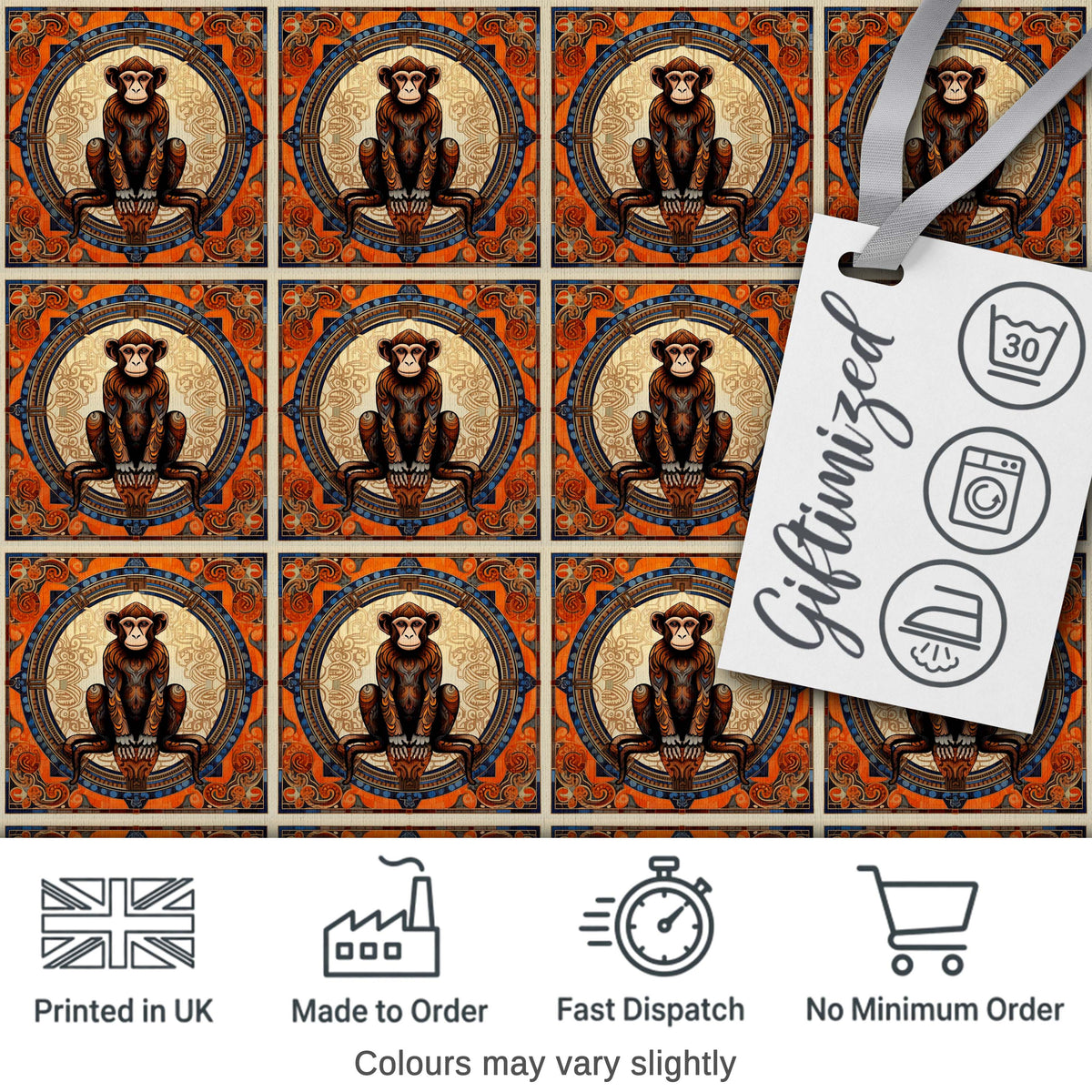 Decorative Art Nouveau Monkey Medallion Tile Pattern in Orange and Blue Digital Print Fabric by the Metre UK Sewing Quilting Textile