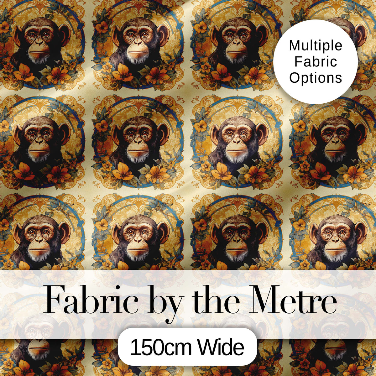 Floral Vintage Monkey Portrait with Botanical Wreath Pattern in Soft Gold Digital Print Fabric by the Metre UK Sewing Quilting Textile