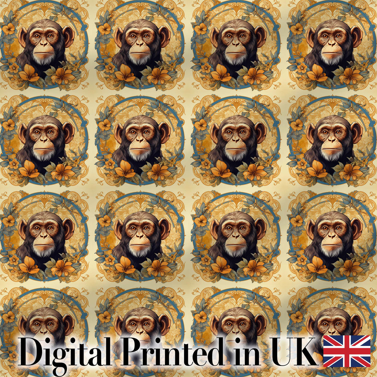 Floral Vintage Monkey Portrait with Botanical Wreath Pattern in Soft Gold Digital Print Fabric by the Metre UK Sewing Quilting Textile