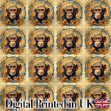 Floral Vintage Monkey Portrait with Botanical Wreath Pattern in Soft Gold Digital Print Fabric by the Metre UK Sewing Quilting Textile