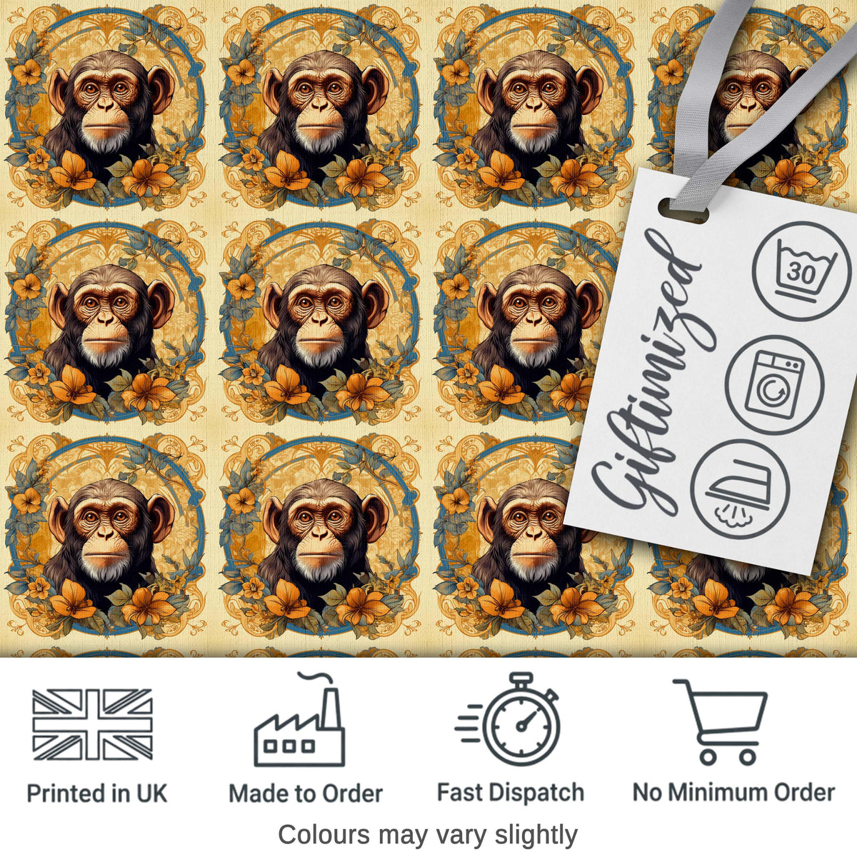 Floral Vintage Monkey Portrait with Botanical Wreath Pattern in Soft Gold Digital Print Fabric by the Metre UK Sewing Quilting Textile